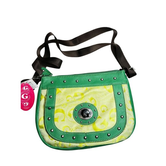 Super Brat Guess Inspired Green & Yellow Logo Shoulder Bag With Studded Details - Picture 4 of 9